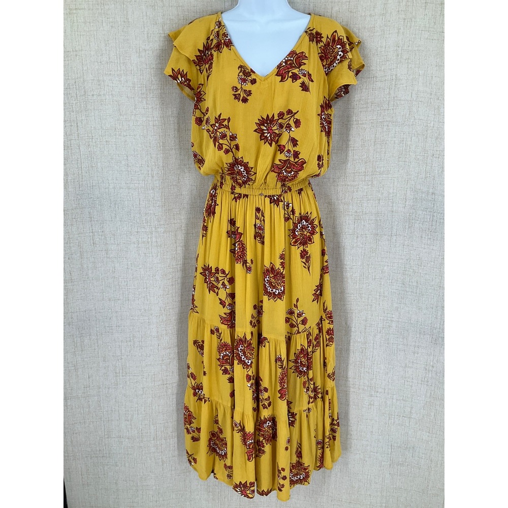 Old Navy Womens Floral Midi Dress Mustard Yellow Flutter Sleeve XS Boho‎ Cottage